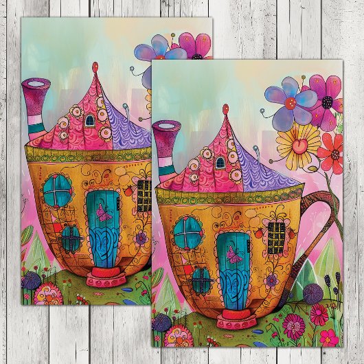 GRILLIGE THEE CUP HUIS DECOUPAGE TISSUEPAPIER