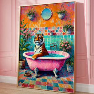 Grillige Tijger in Roze Badkuip Boho Badkamer Kuns Poster