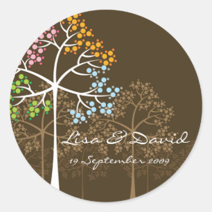 grillige vier seizoenen bomen bruine bruiloft Stic Ronde Sticker