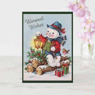 Grillige Vintage Sneeuwman Kerstkaart Kaart