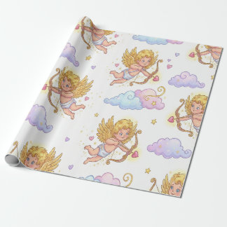 Grillige Vliegende Cupido's in Blauwe Lucht Fantas Cadeaupapier