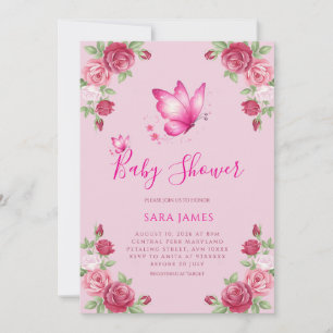 Grillige Vlinder & Roze Baby Shower Uitnodiging
