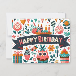 Grillige Volkskunst Happy Birthday Uil Bloemen Kaart