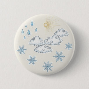 Grillige Weer Iconen – Zon Wolken Regen en Sneeuw Ronde Button 5,7 Cm