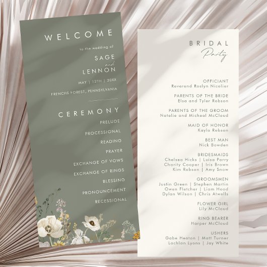 grillige wilde bloem | Sage Green Wedding-programm Programma