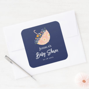 Grillige Wilde Bloemen & Roze Paraplu Baby Shower Vierkante Sticker