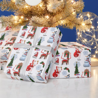 Grillige Winterboom met Kerstman en Sneeuwman Cadeaupapier