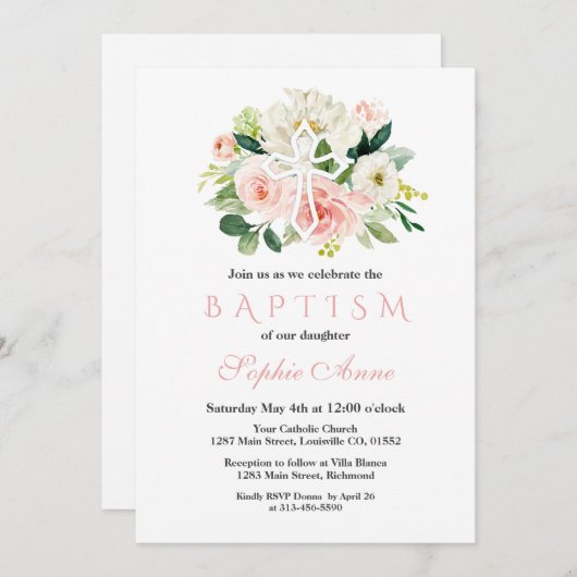 Grillige Witte Roze Bloem Witte Kruis Doop Kaart (Voorkant / Achterkant)