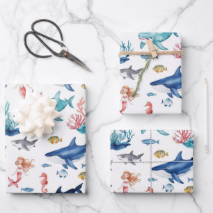 grillige zeemeermin regenboogvis haai verjaardag inpakpapier vel