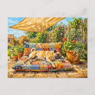 Grillige Zomer Terras Mops Hond Illustratie Briefkaart