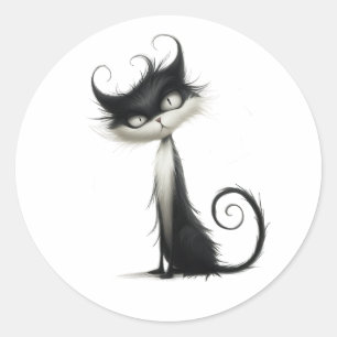 grillige zwart wit ondeugende kat illustratie ronde sticker
