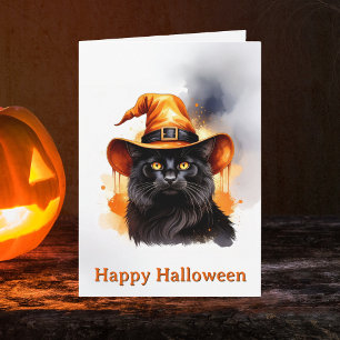 Grillige Zwarte Kat Oranje Heksenhoed Halloween Kaart