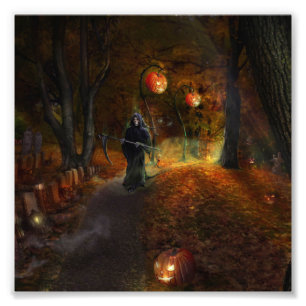 Grim Reaper and pumpkins Foto Afdruk