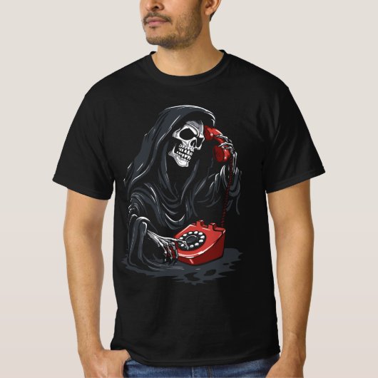 Grim Reaper calling on a red phone T-shirt (Voorkant)