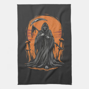 Grim Reaper Cartoon in Zonsondergang Kerkhof Theedoek