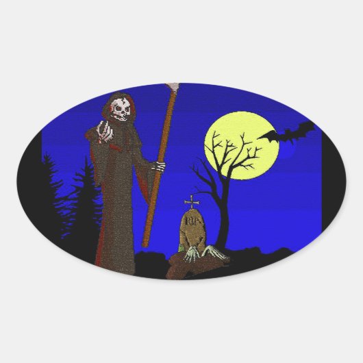 Grim Reaper in Graveyard Ovale Sticker (Voorkant)