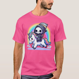 Grim Reaper Rijden Eenhoorn Grappig Regenboog Heav T-shirt