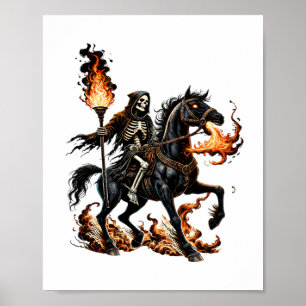 Grim Reaper Skeleton Rijdende Paard Vlammen Poster