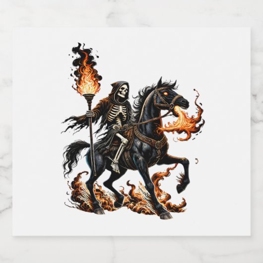 Grim Reaper Skeleton Rijdende Paard Vlammen Sparkling Wijnetiket (Enkel label)