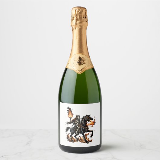 Grim Reaper Skeleton Rijdende Paard Vlammen Sparkling Wijnetiket (Voorkant)