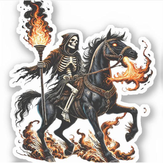 Grim Reaper Skeleton Rijdende Paard Vlammen Sticker (Voorkant)