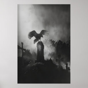 Grimmige begraafplaats grafsteen raaf schilderij, poster