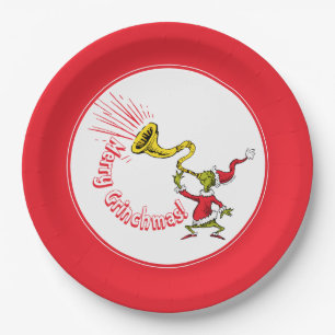 Grinch die de vrolijke Grinchmas hoorn blaast Papieren Bordje