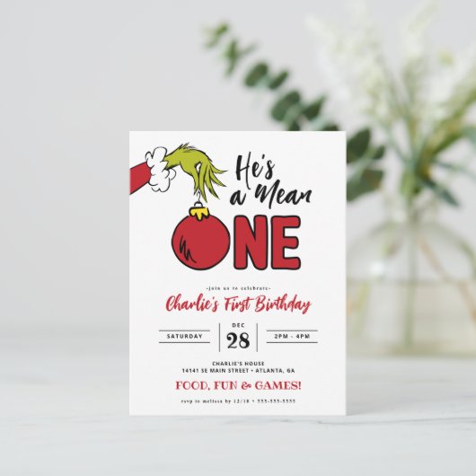 Grinch Hij is een gemeen persoon 1e verjaardag Briefkaart (Staand voorkant)