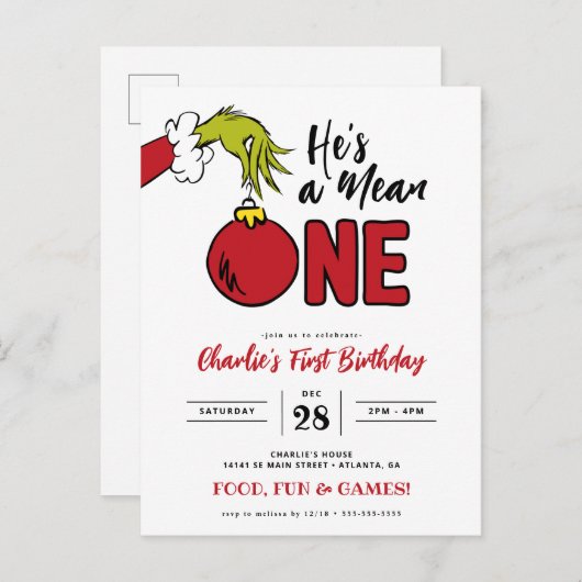 Grinch Hij is een gemeen persoon 1e verjaardag Briefkaart (Voorkant / Achterkant)