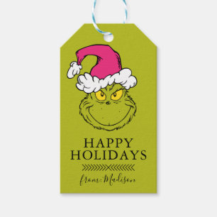 Grinch in roze kerstmuts cadeaulabel