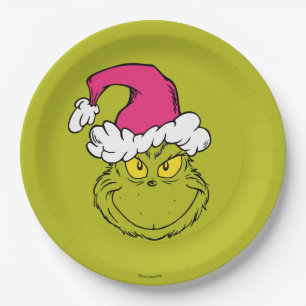 Grinch in roze kerstmuts papieren bordje