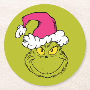 Grinch in roze kerstmuts ronde kartonnen onderzetter