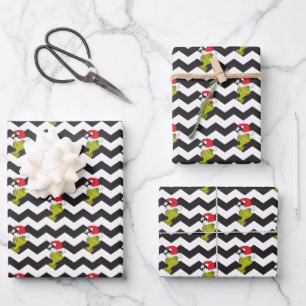 Grinch   Zwart-Wit Kerst Chevron Patroon Inpakpapier Vel