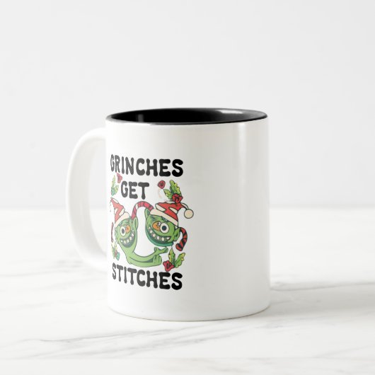 Grinches Get Stitches Kerst Grafisch Kunstontwerp Tweekleurige Koffiemok (Voorkant links)