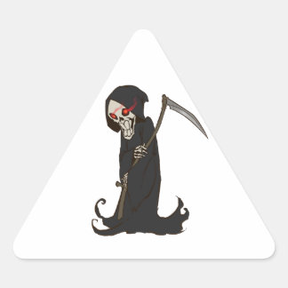 Grinning Grim Reaper met Rode Ogen Holding Scythe Driehoek Sticker