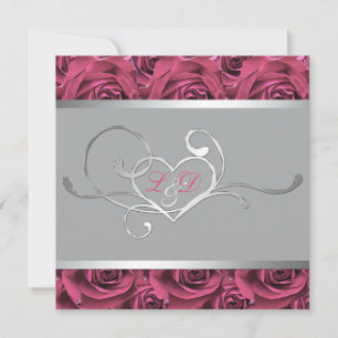 Gris avec roses roses roses Monogrammes Invitation