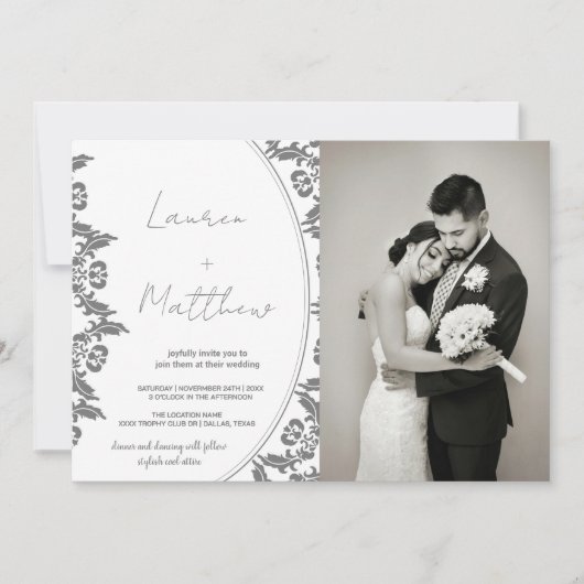 Gris Blanc Art Mariage Invitations avec photo (Devant)