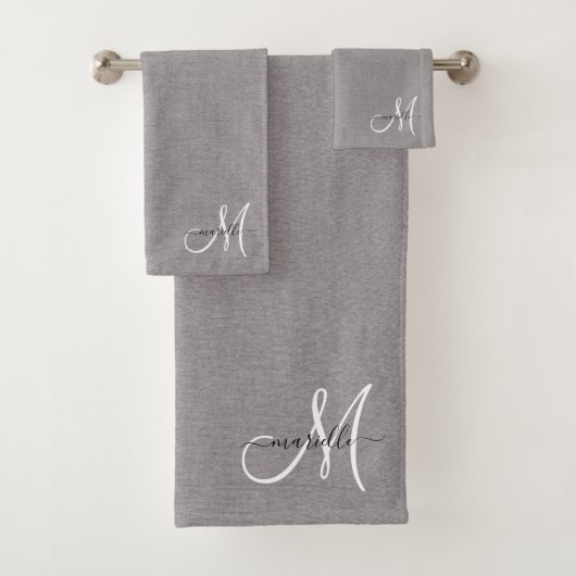 Gris Blanc Monogramme Faux Lin Gris (En situation)