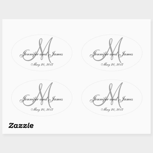 Gris blanc Monogramme Oval Mariage Étiquette (Feuille)