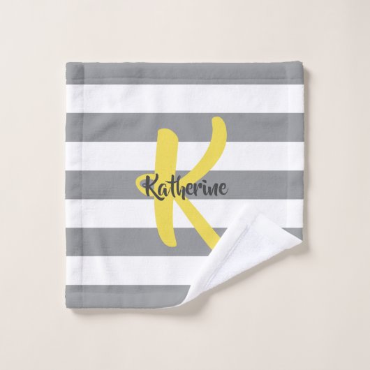 Gris blanc rayé et jaune personnalisé (Gant de toilette)