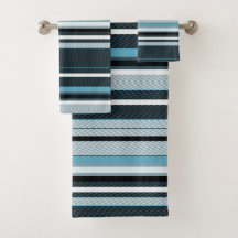 Gris, bleu, rayures blanches. ensemble de serviett