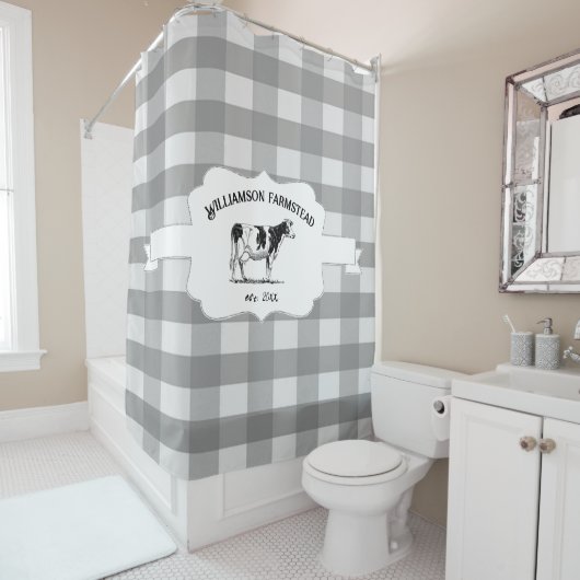 Gris Buffalo Plaid Ferme Vache Douche Rideau (En situation)