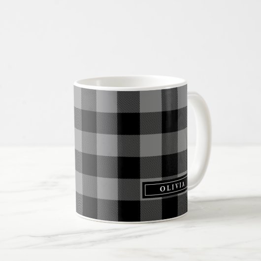 Gris Buffalo Plaid Motif Monogramme Mug (Devant droit)
