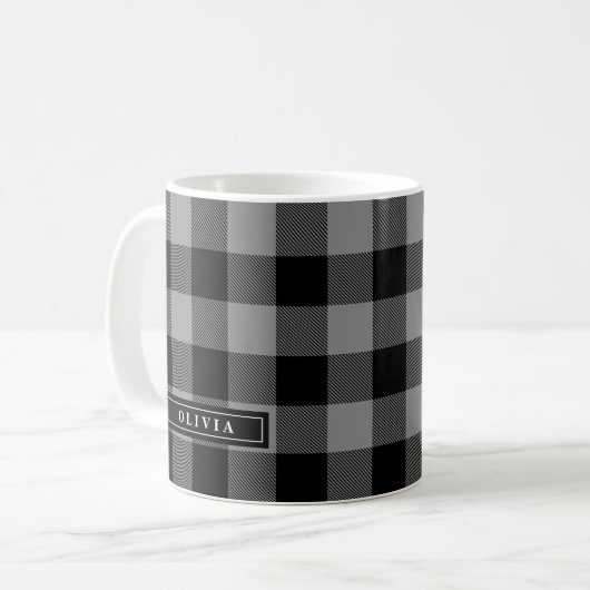 Gris Buffalo Plaid Motif Monogramme Mug (Devant gauche)