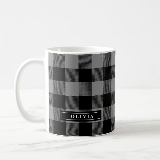 Gris Buffalo Plaid Motif Monogramme Mug (Gauche)