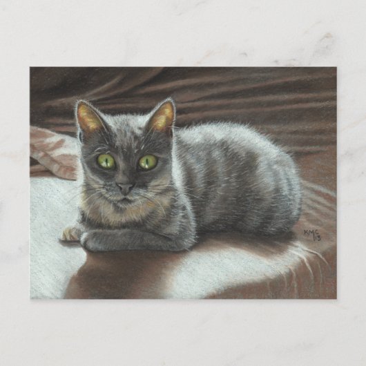 Gris Chat Vert Yeux sur carte postale Lit KMCorigi (Devant)