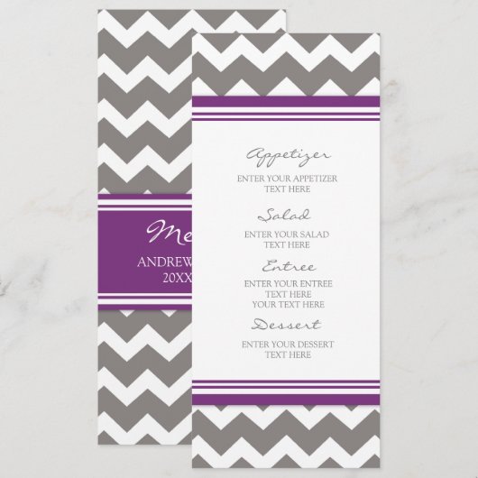 Gris Chevron de prune de menu de mariage (Devant / Derrière)