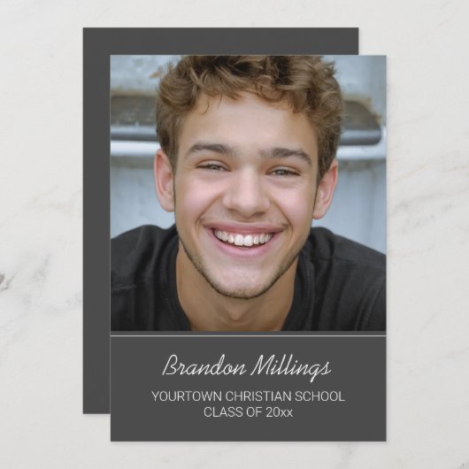 Gris Christian Graduation Photo Faire-part (Devant / Derrière)