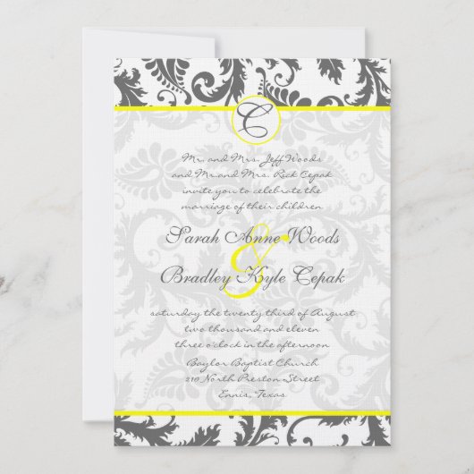 Gris Damas Fils Bight Jaune Faire-part de mariage (Devant)