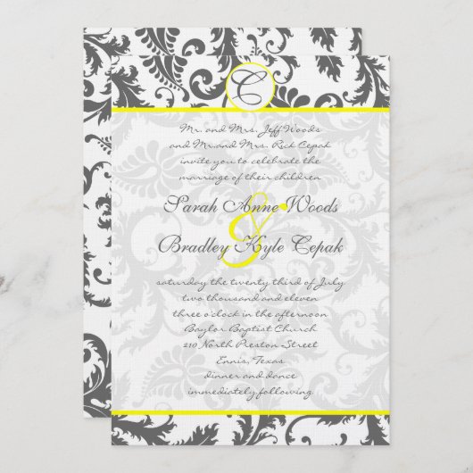 Gris Damas Fils Bight Jaune Faire-part de mariage (Devant / Derrière)